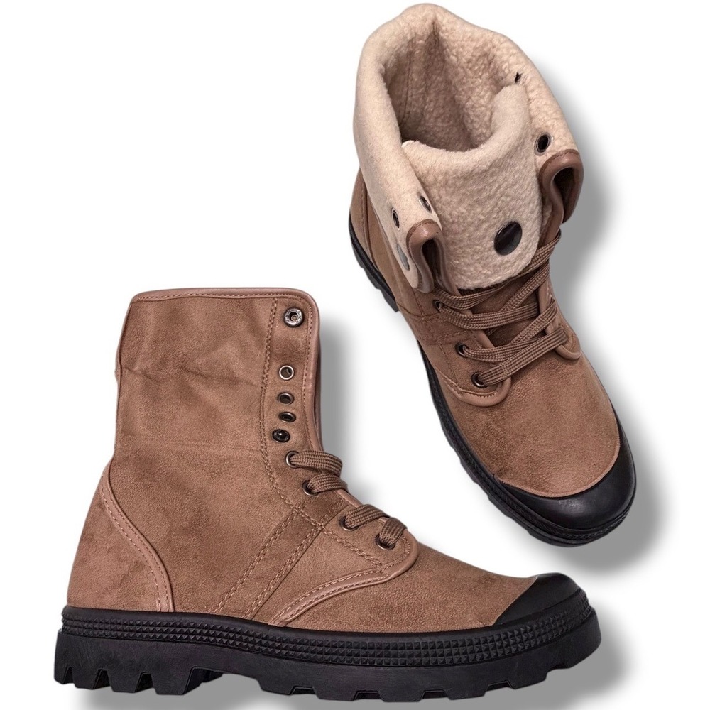 Refresh Women's Tan Faux Suede Sherpa Lined Lace Up Combat Boots Sz 8.5